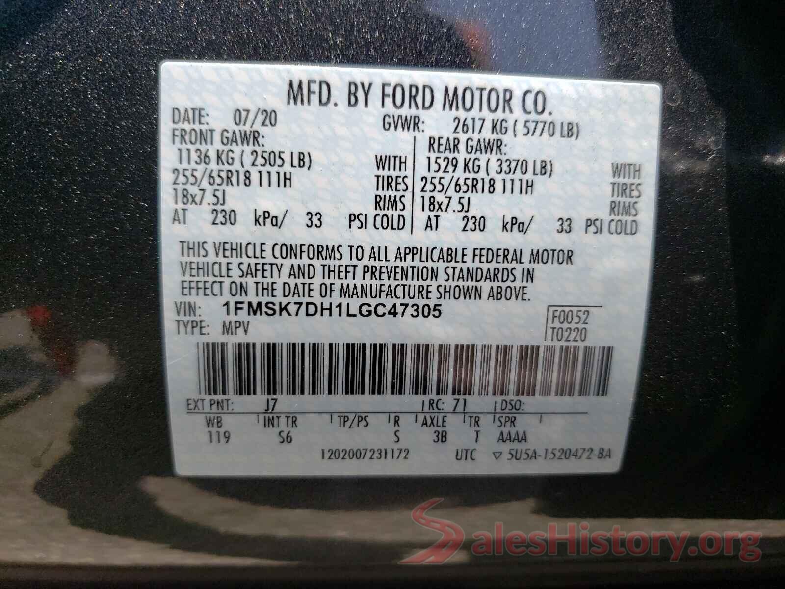 1FMSK7DH1LGC47305 2020 FORD EXPLORER