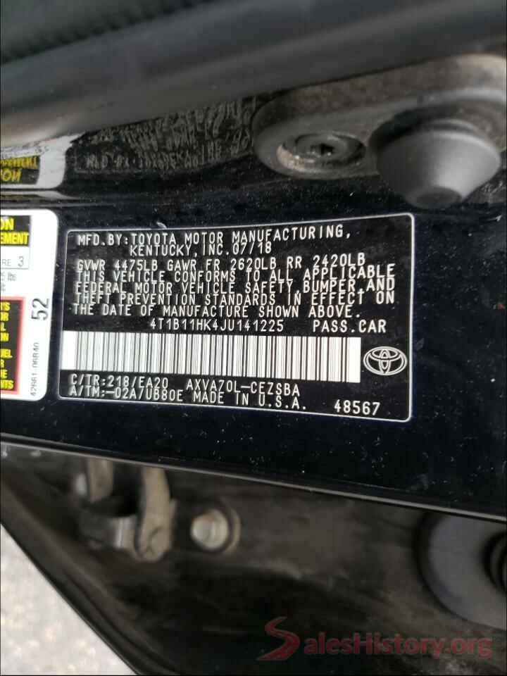 4T1B11HK4JU141225 2018 TOYOTA CAMRY