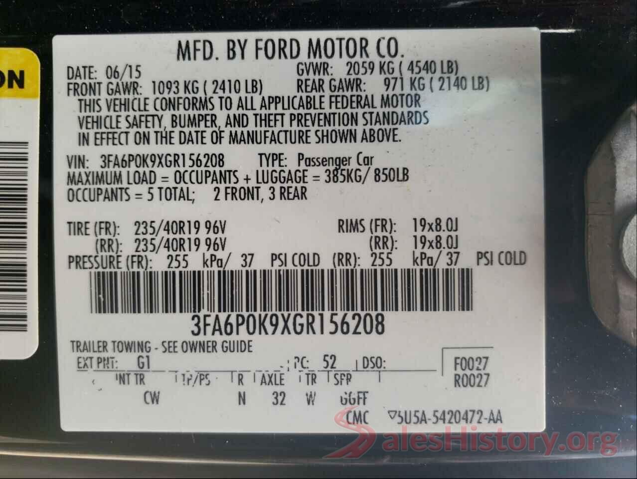 3FA6P0K9XGR156208 2016 FORD FUSION