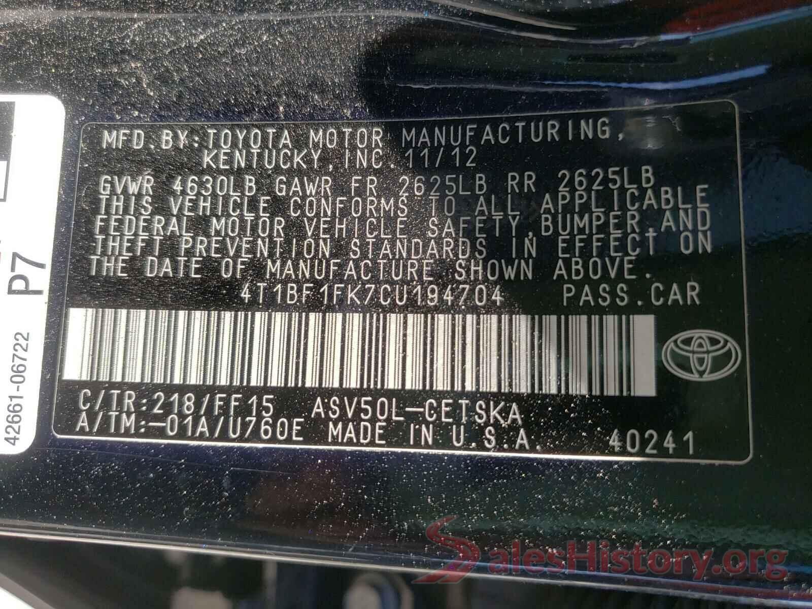 4T1BF1FK7CU194704 2012 TOYOTA CAMRY