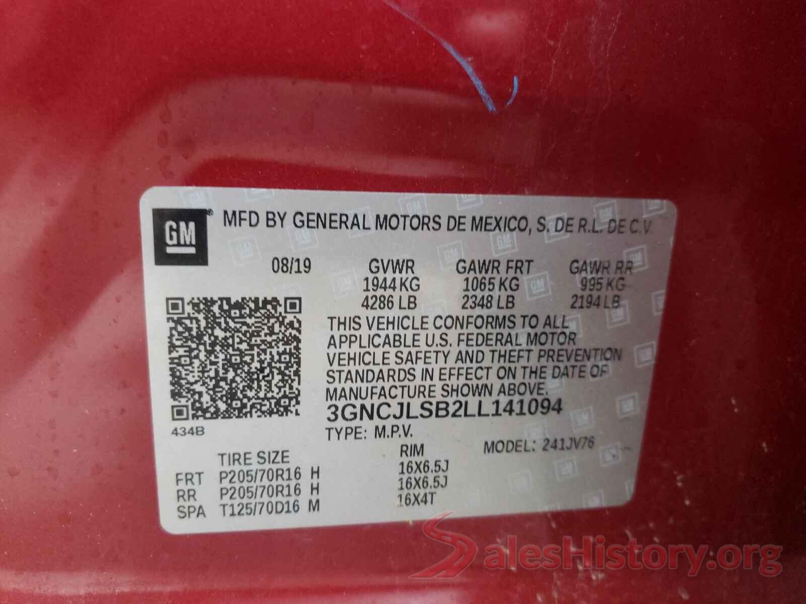 3GNCJLSB2LL141094 2020 CHEVROLET TRAX