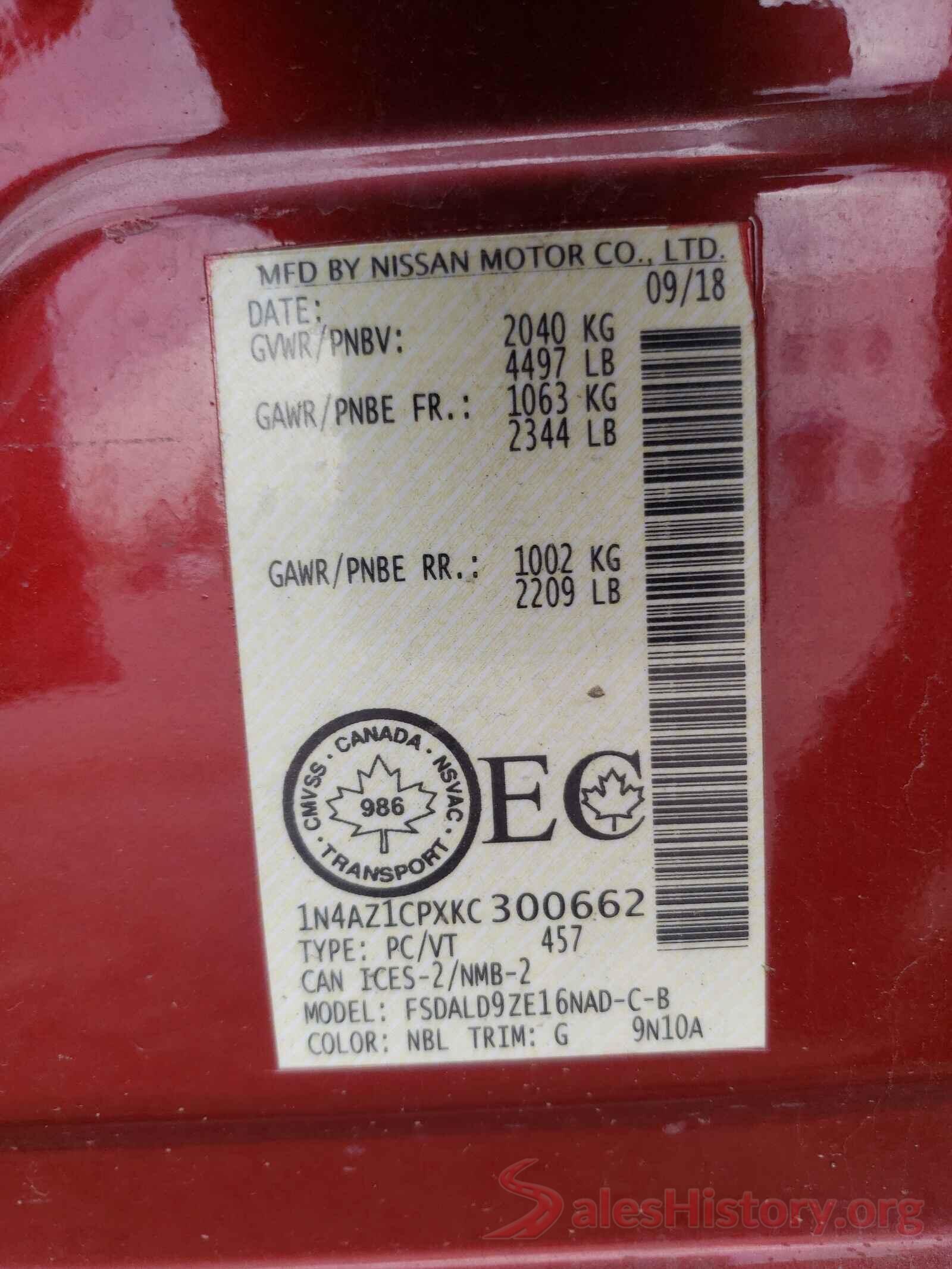 1N4AZ1CPXKC300662 2019 NISSAN LEAF