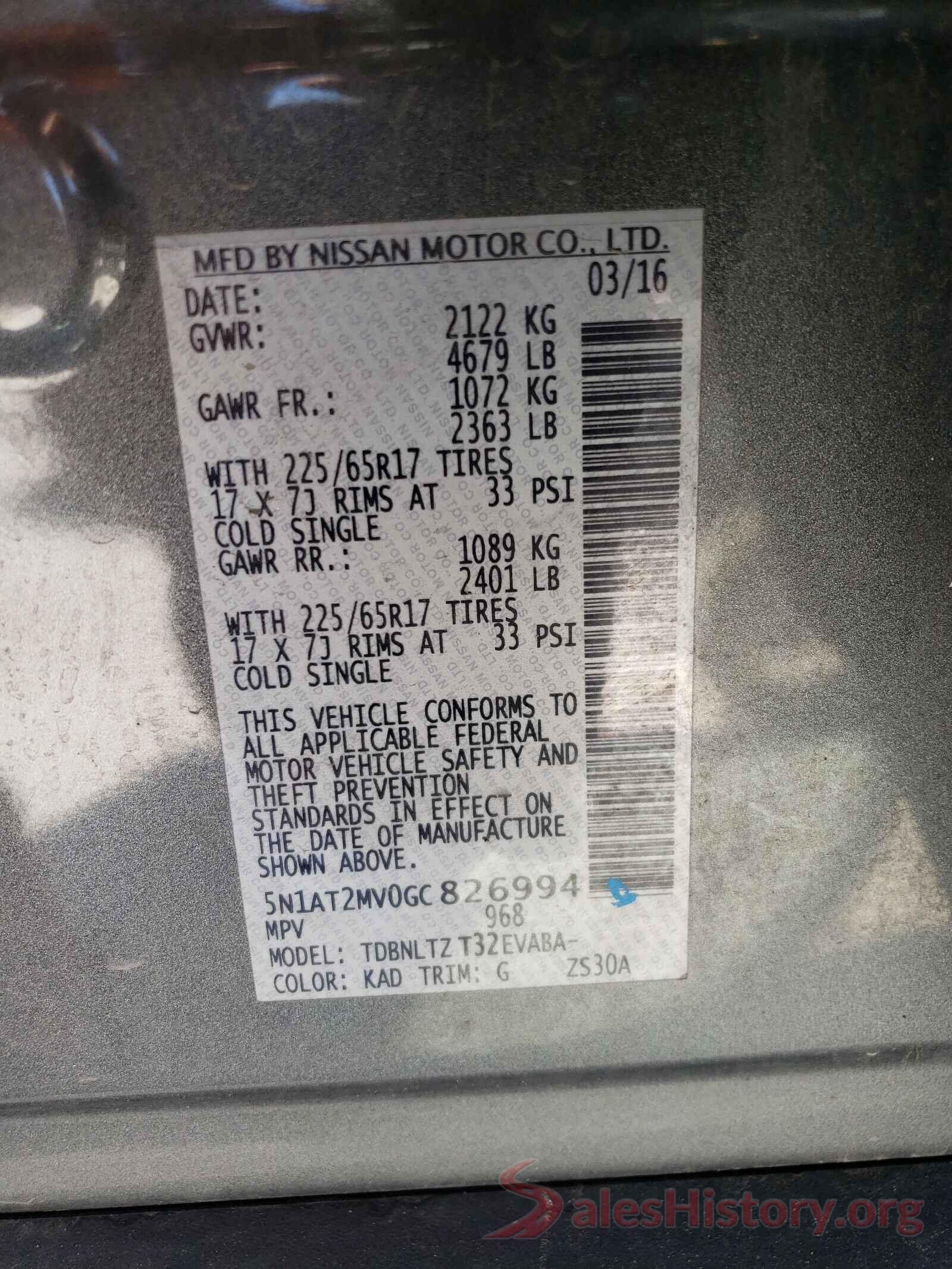 5N1AT2MV0GC826994 2016 NISSAN ROGUE