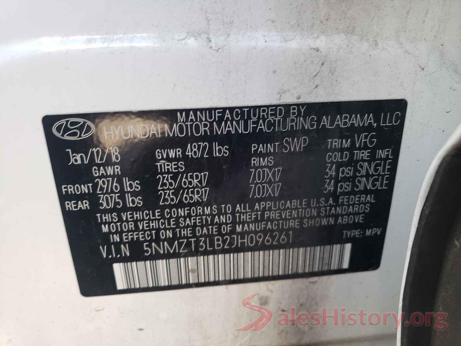 5NMZT3LB2JH096261 2018 HYUNDAI SANTA FE