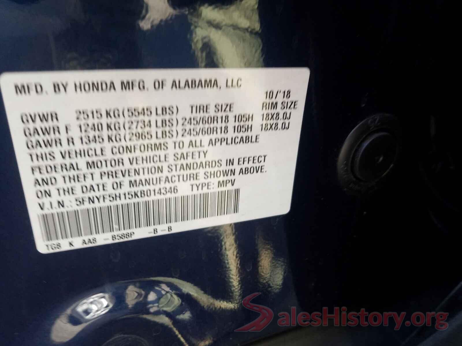 5FNYF5H15KB014346 2019 HONDA PILOT