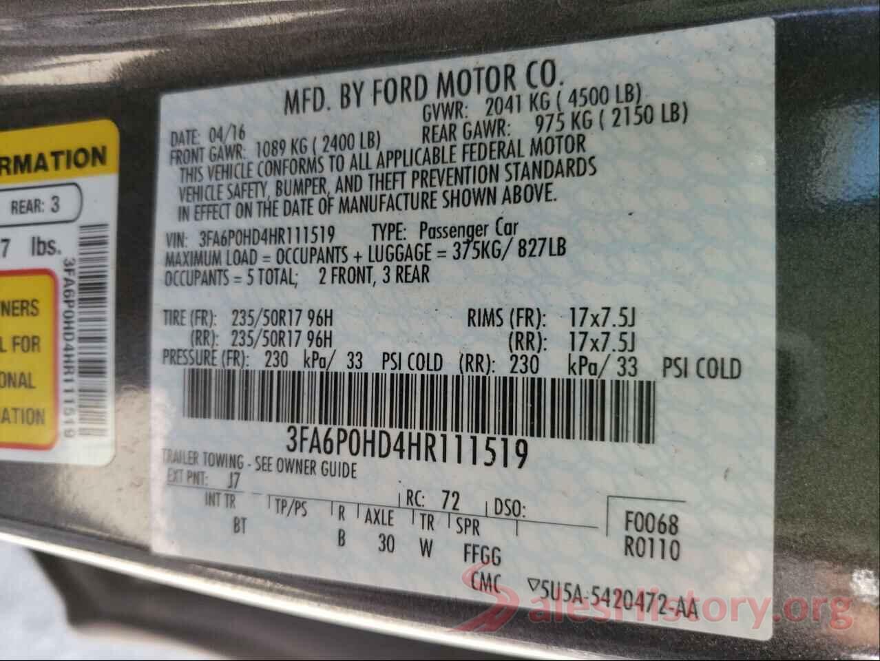 3FA6P0HD4HR111519 2017 FORD FUSION