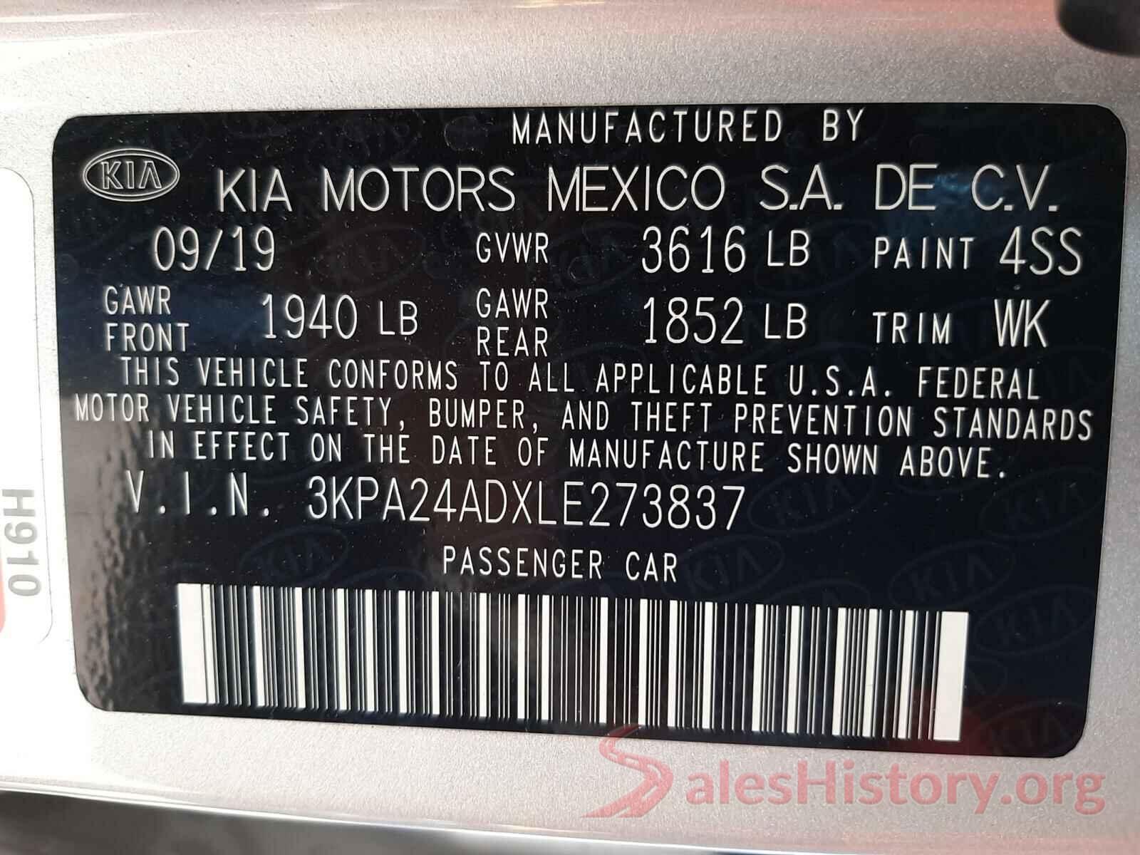 3KPA24ADXLE273837 2020 KIA RIO