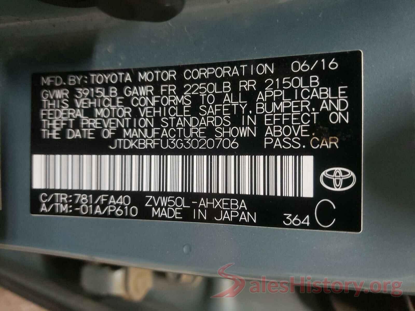 JTDKBRFU3G3020706 2016 TOYOTA PRIUS