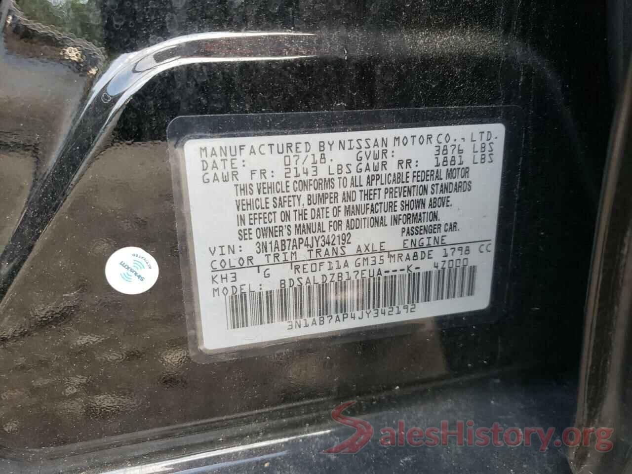 3N1AB7AP4JY342192 2018 NISSAN SENTRA