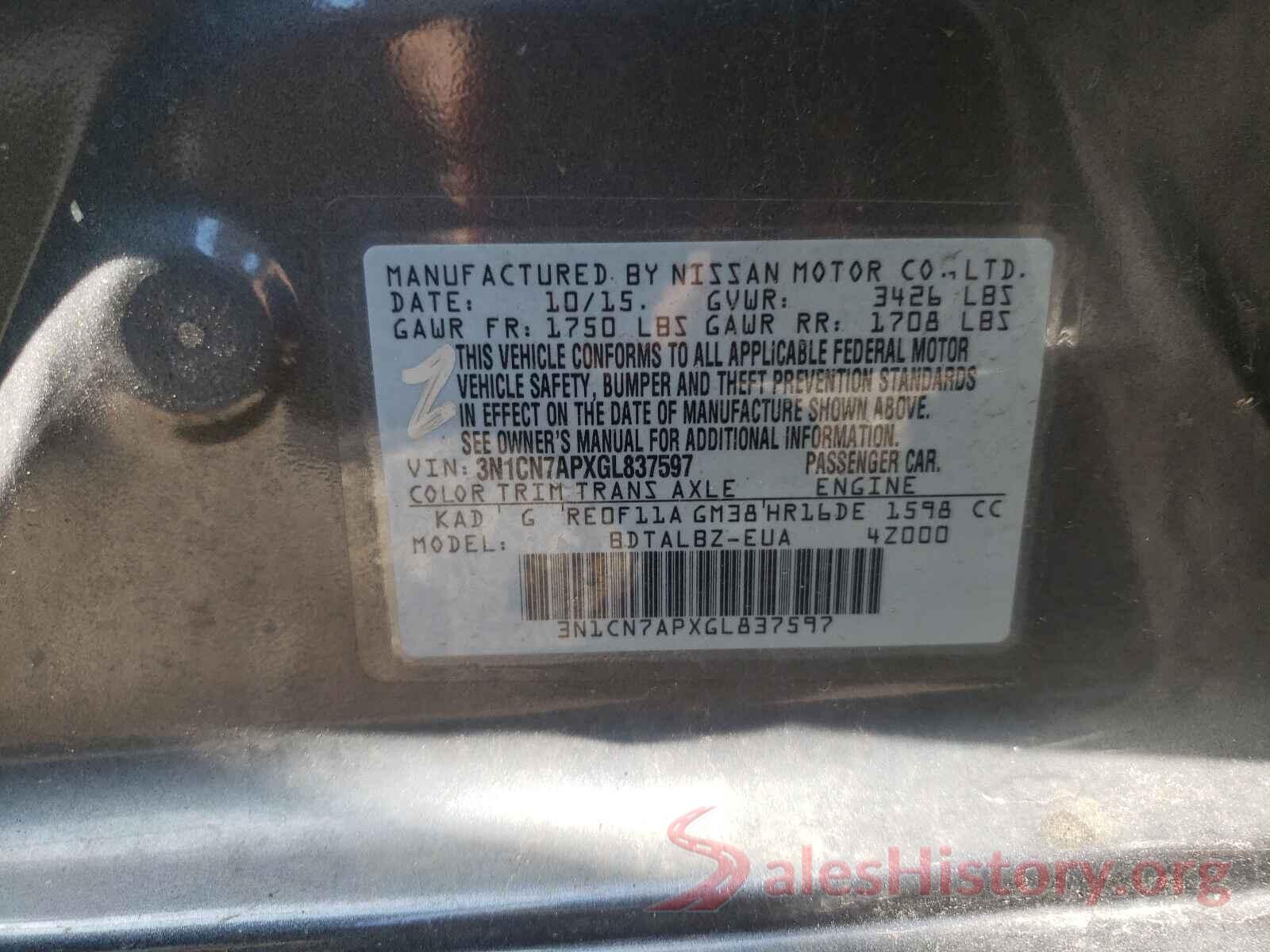 3N1CN7APXGL837597 2016 NISSAN VERSA