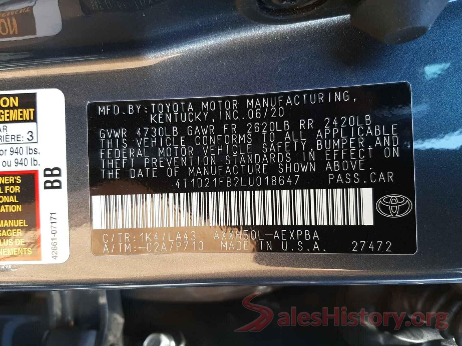 4T1D21FB2LU018647 2020 TOYOTA AVALON