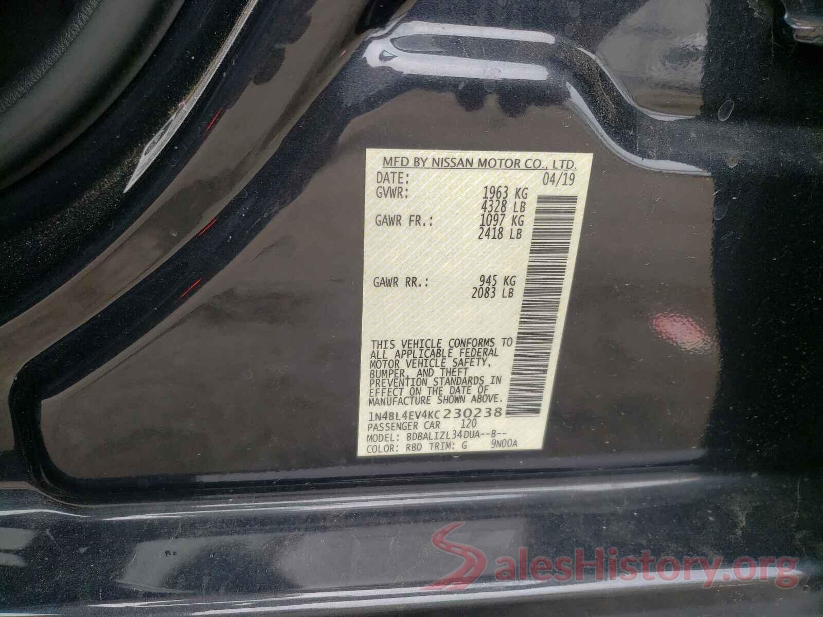 1N4BL4EV4KC230238 2019 NISSAN ALTIMA