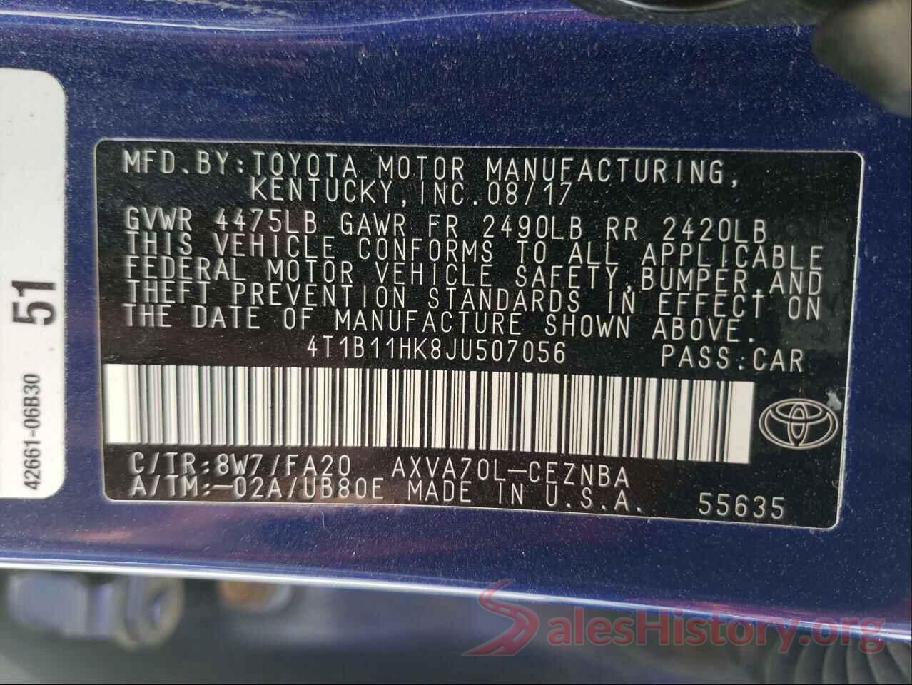 4T1B11HK8JU507056 2018 TOYOTA CAMRY