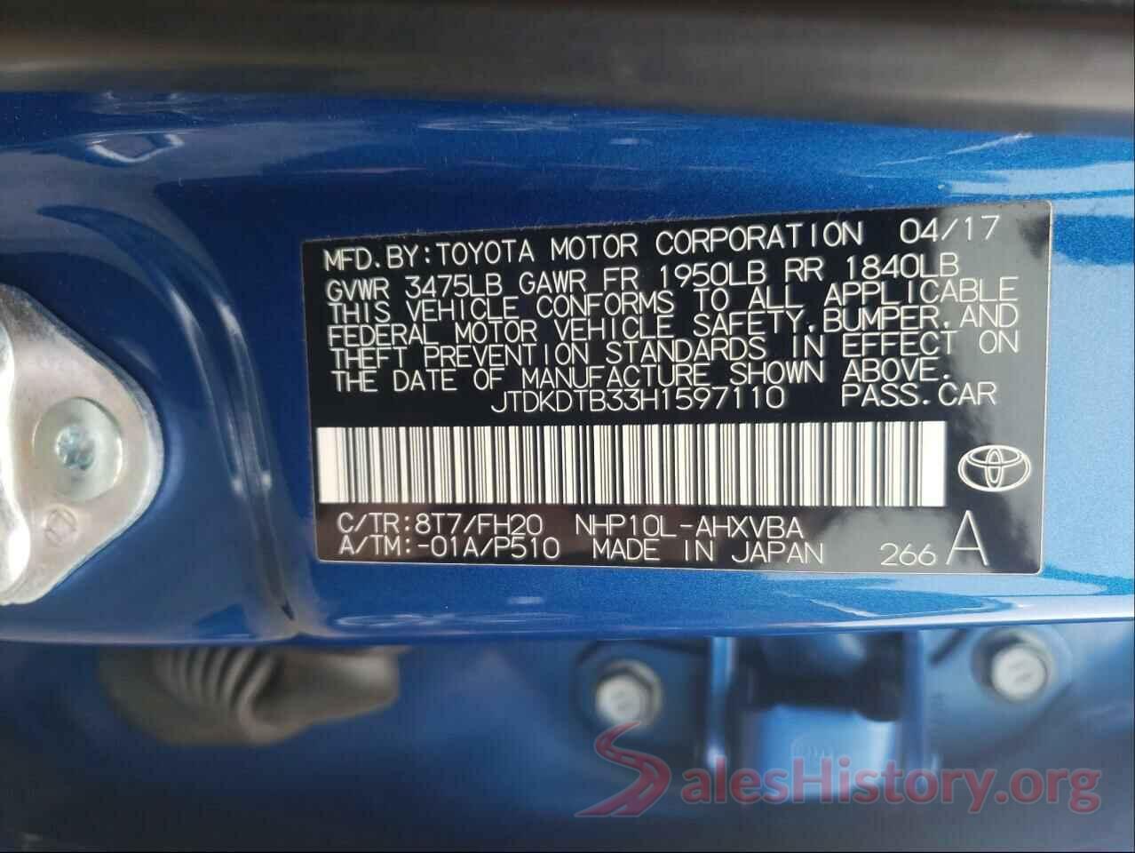 JTDKDTB33H1597110 2017 TOYOTA PRIUS