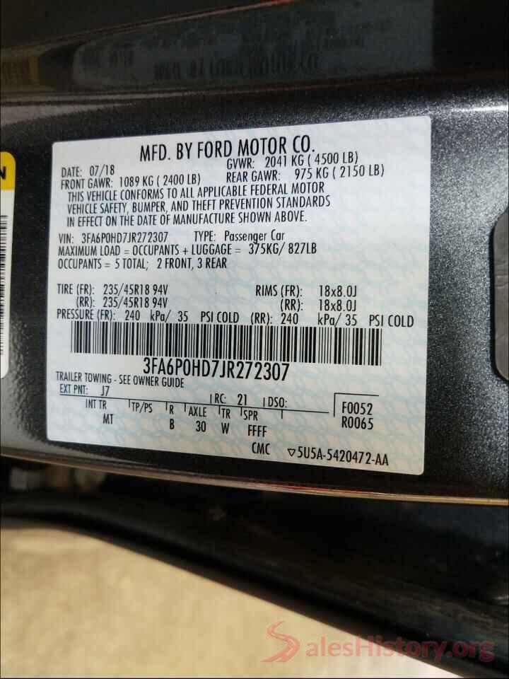 3FA6P0HD7JR272307 2018 FORD FUSION