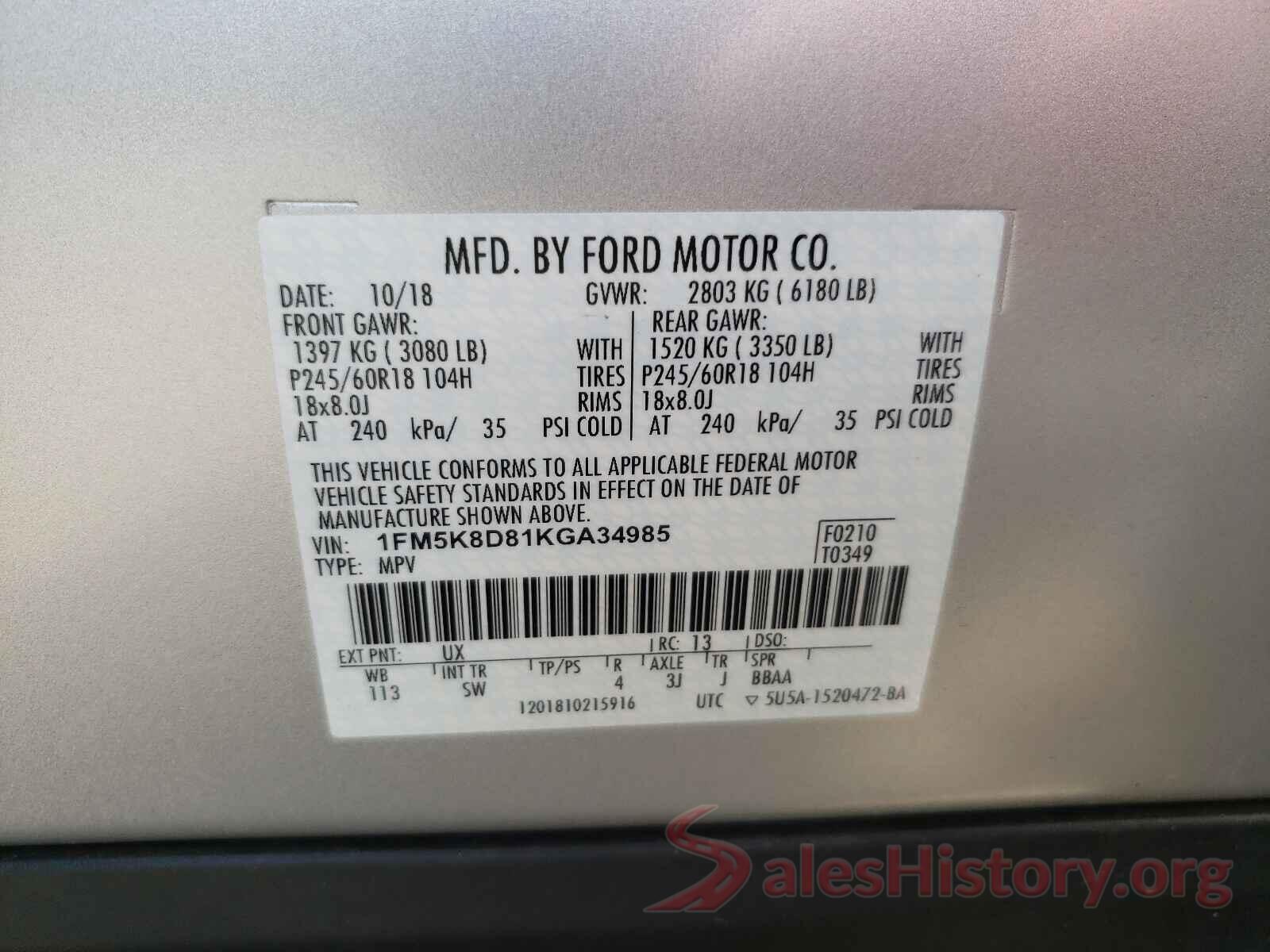 1FM5K8D81KGA34985 2019 FORD EXPLORER