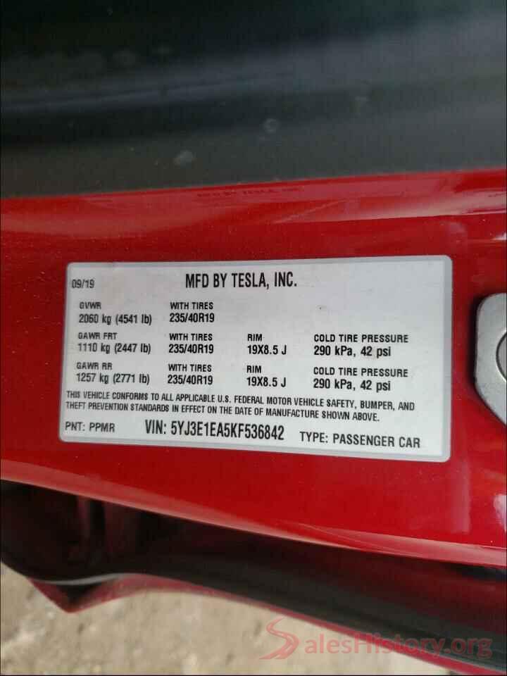 5YJ3E1EA5KF536842 2019 TESLA MODEL 3