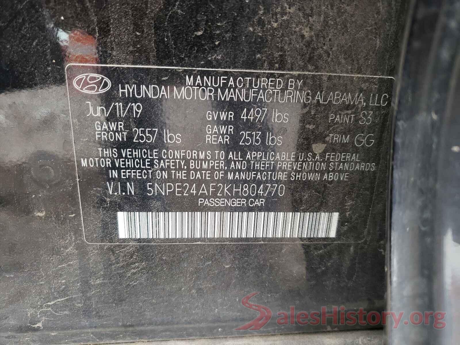 5NPE24AF2KH804770 2019 HYUNDAI SONATA