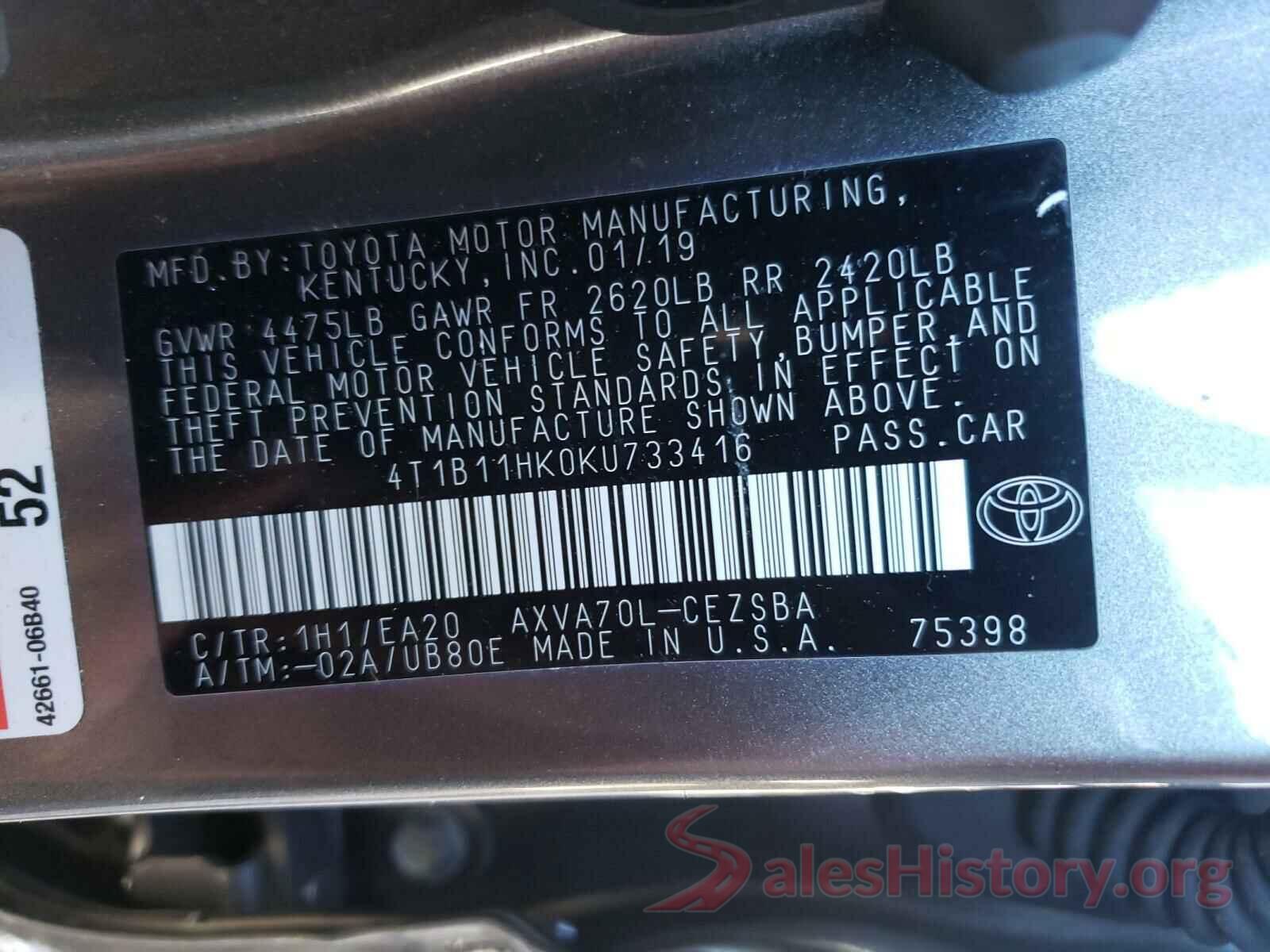 4T1B11HK0KU733416 2019 TOYOTA CAMRY