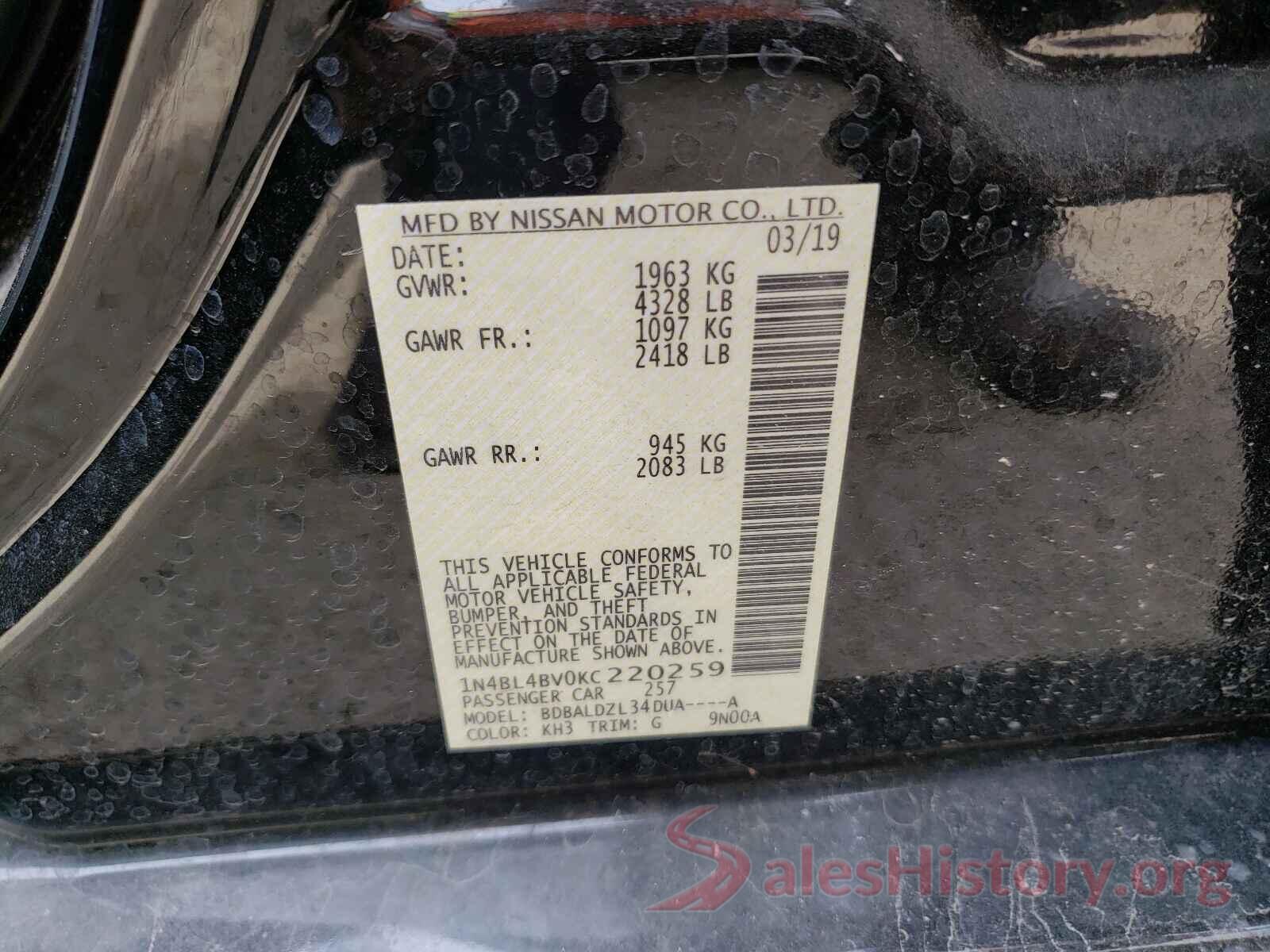 1N4BL4BV0KC220259 2019 NISSAN ALTIMA