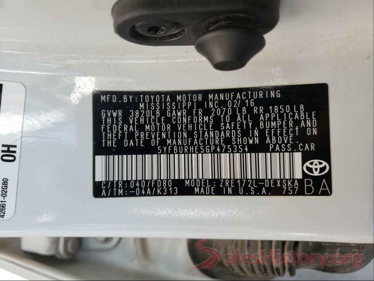 5YFBURHE5GP475354 2016 TOYOTA COROLLA