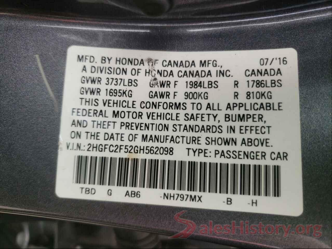 2HGFC2F52GH562098 2016 HONDA CIVIC