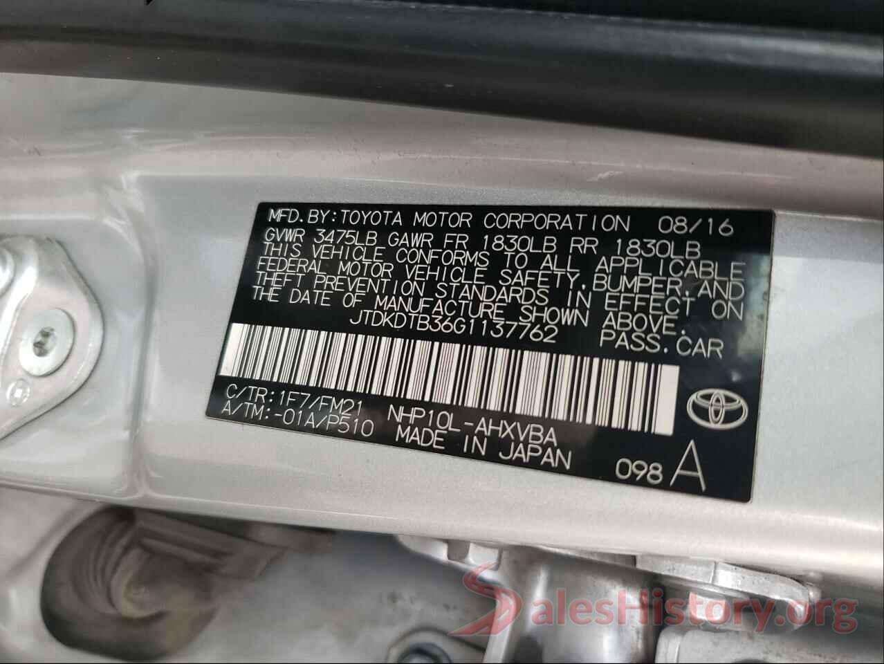 JTDKDTB36G1137762 2016 TOYOTA PRIUS