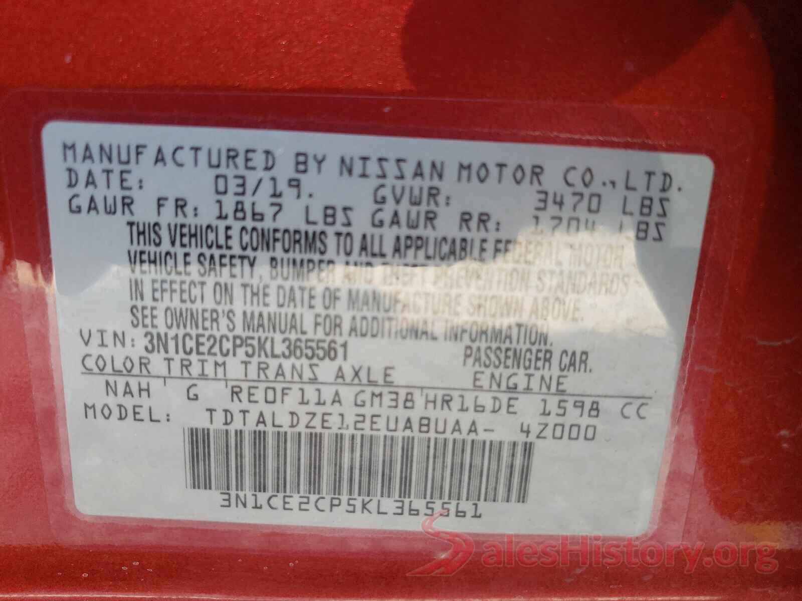 3N1CE2CP5KL365561 2019 NISSAN VERSA