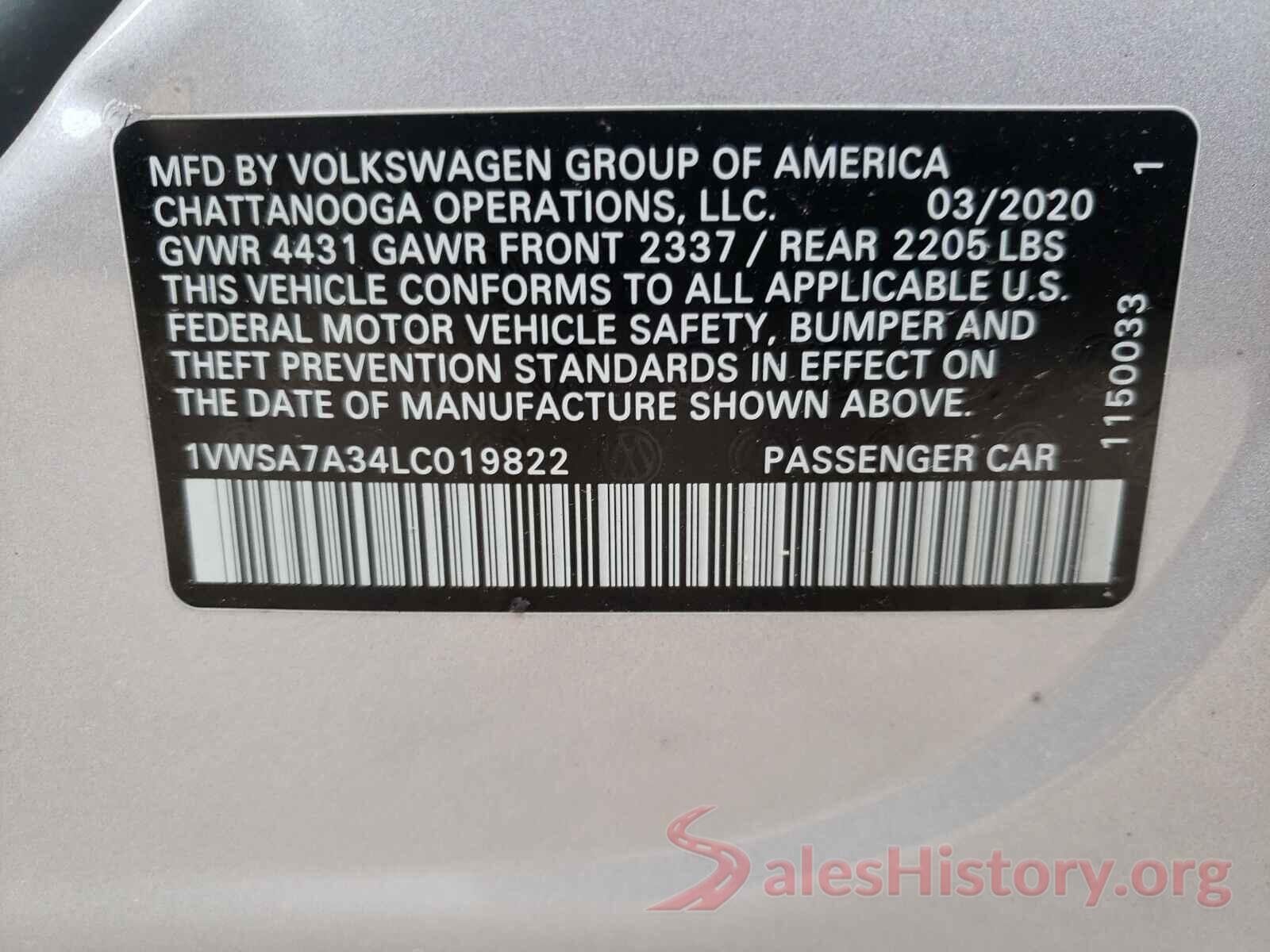 1VWSA7A34LC019822 2020 VOLKSWAGEN PASSAT