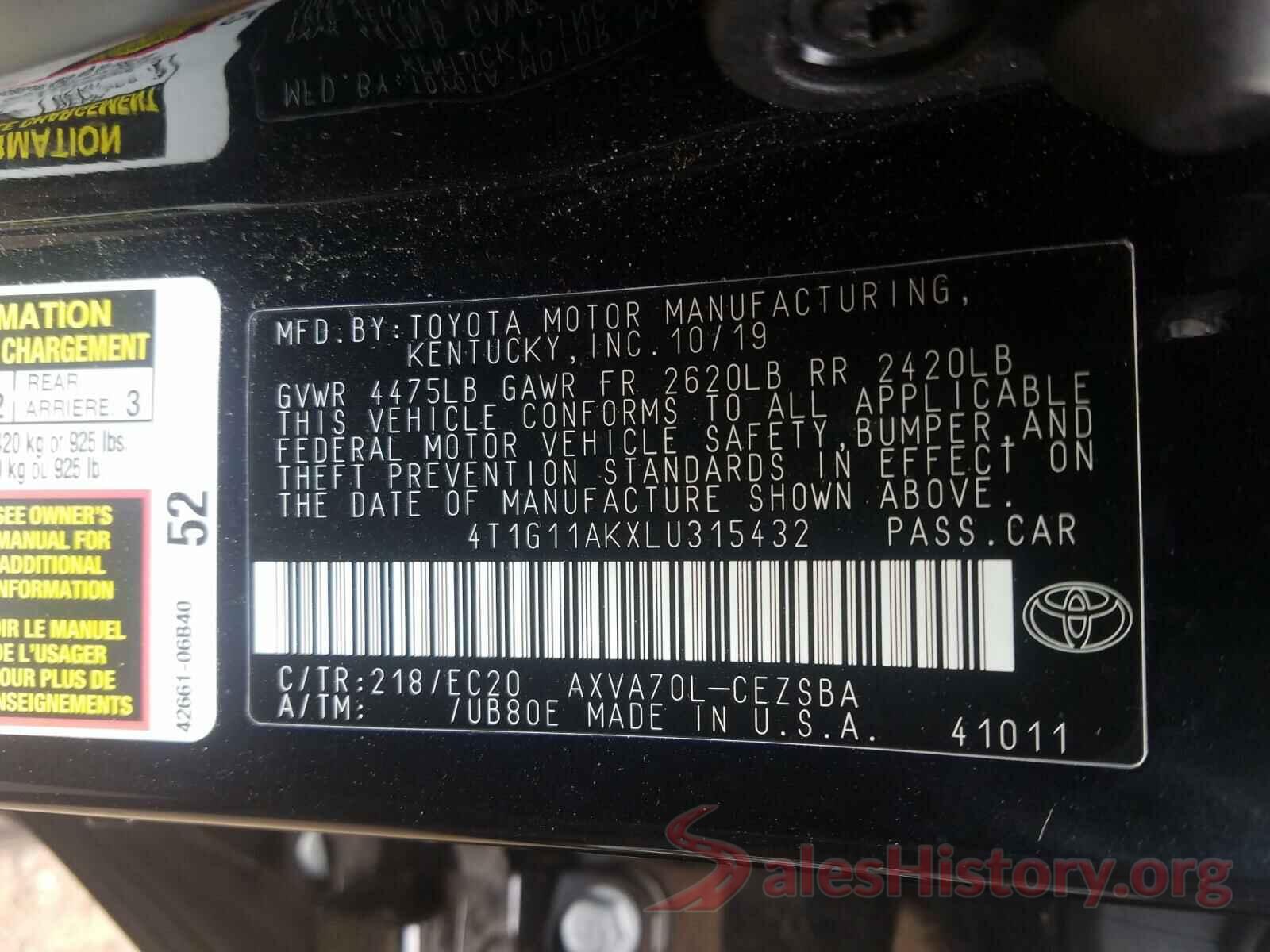 4T1G11AKXLU315432 2020 TOYOTA CAMRY