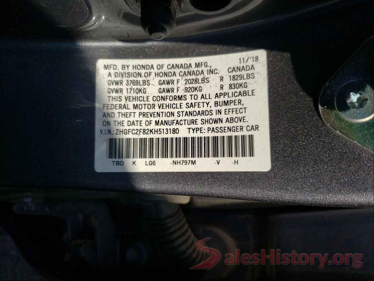 2HGFC2F82KH513180 2019 HONDA CIVIC