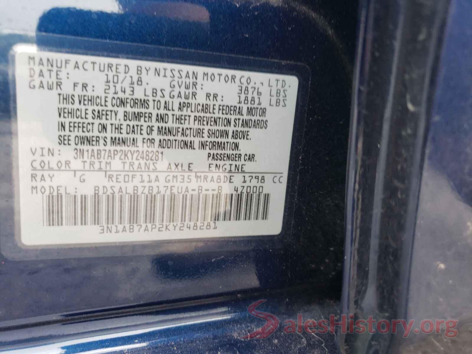 3N1AB7AP2KY248281 2019 NISSAN SENTRA