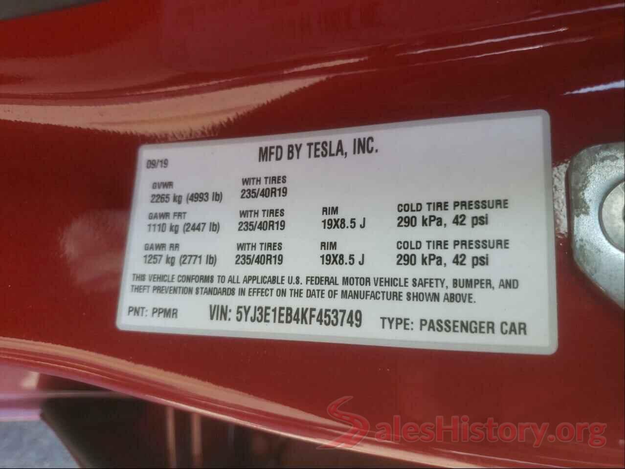 5YJ3E1EB4KF453749 2019 TESLA MODEL 3