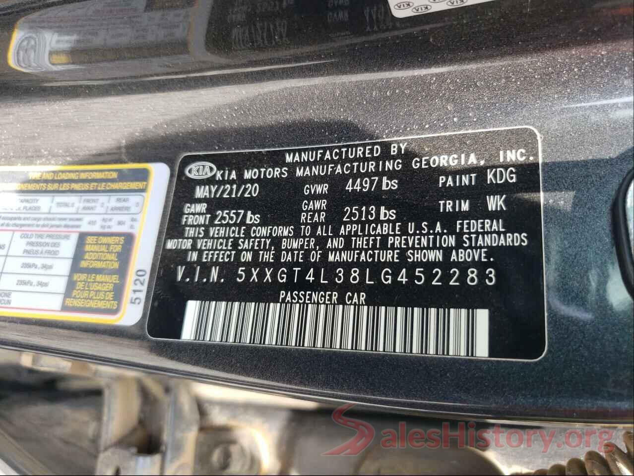 5XXGT4L38LG452283 2020 KIA OPTIMA