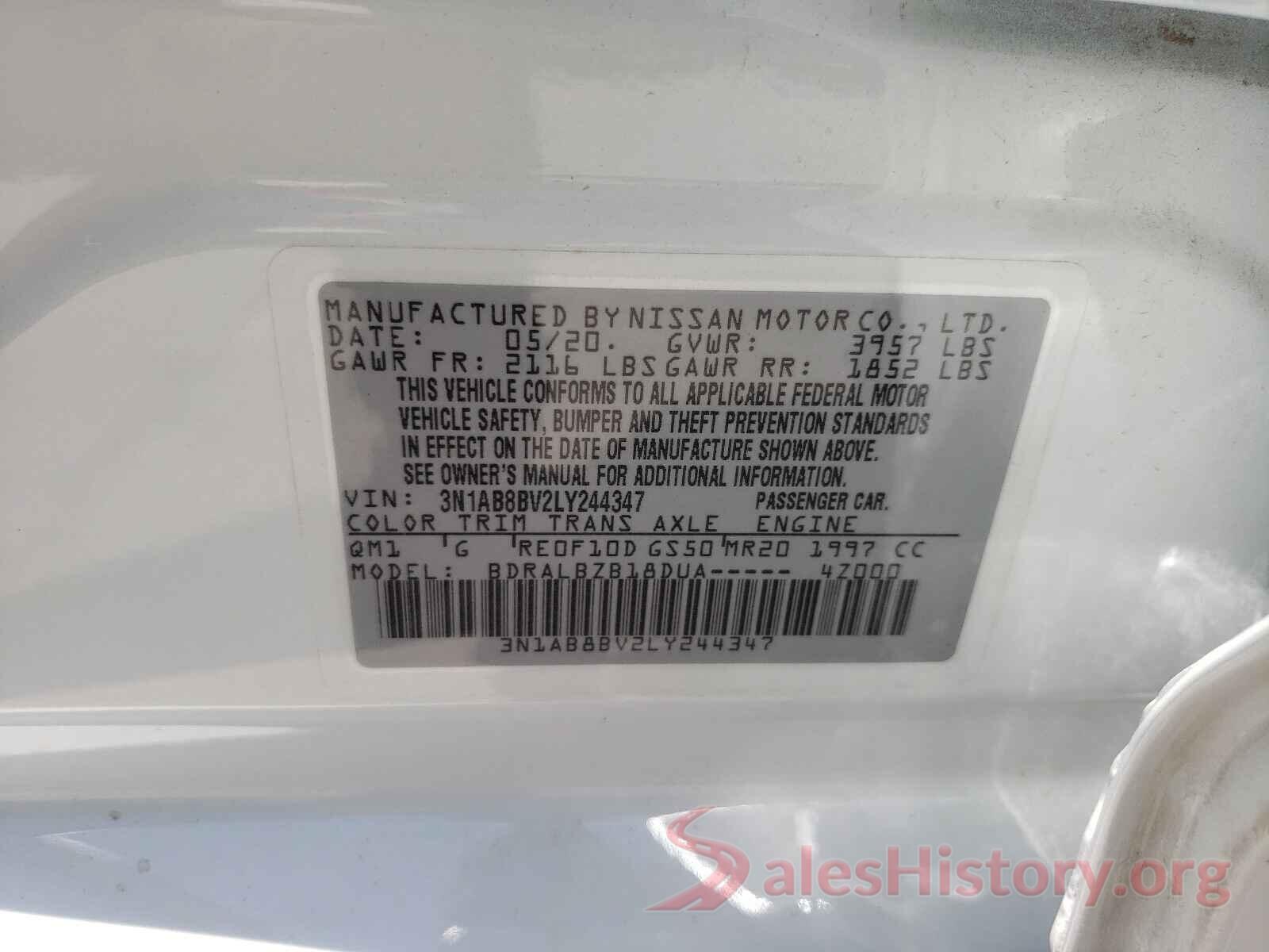 3N1AB8BV2LY244347 2020 NISSAN SENTRA