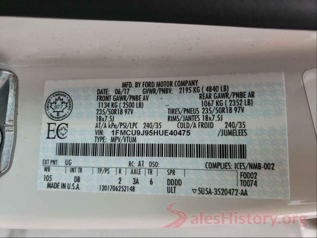 1FMCU9J95HUE40475 2017 FORD ESCAPE