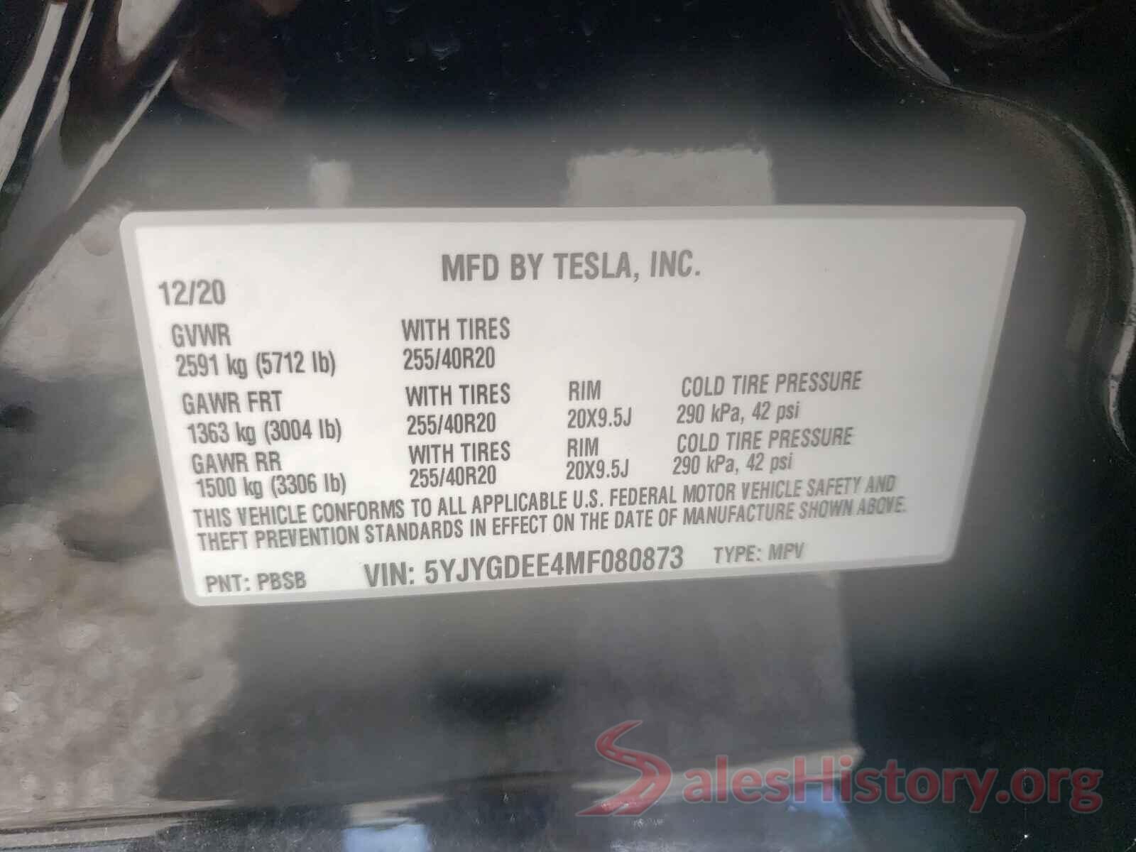 5YJYGDEE4MF080873 2021 TESLA MODEL Y