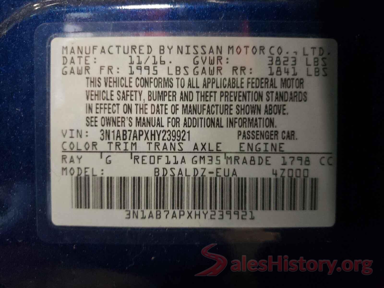 3N1AB7APXHY239921 2017 NISSAN SENTRA