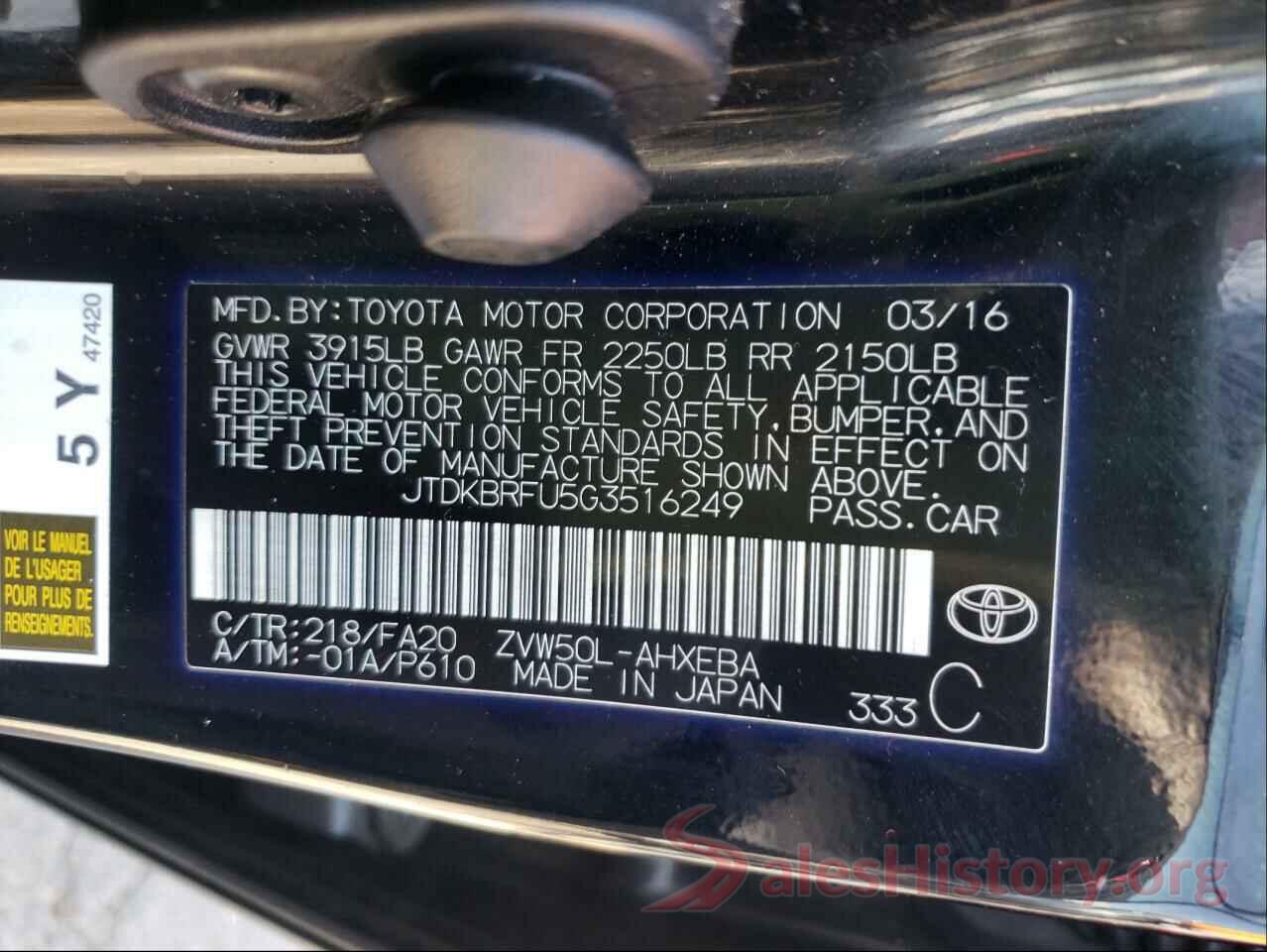 JTDKBRFU5G3516249 2016 TOYOTA PRIUS