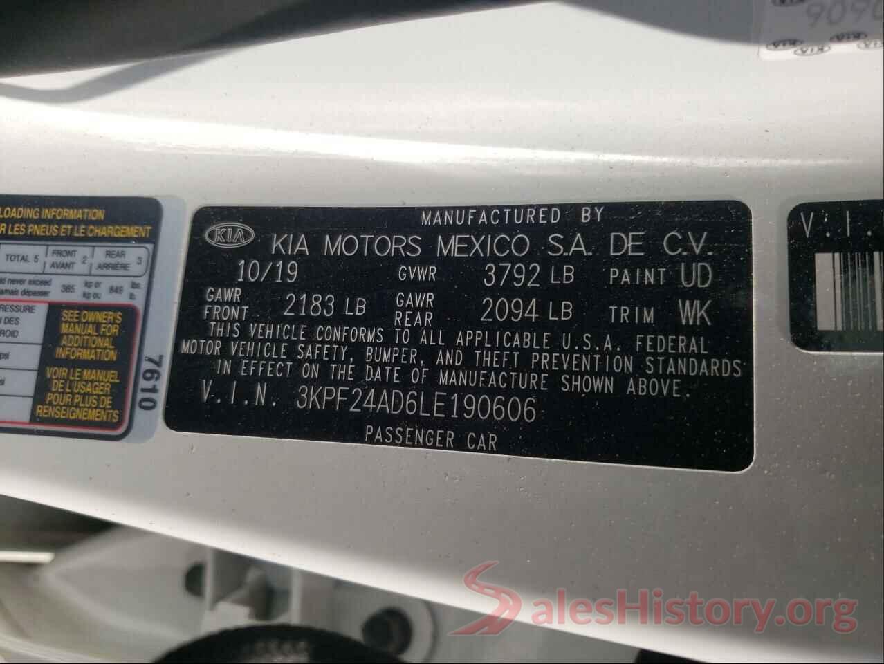 3KPF24AD6LE190606 2020 KIA FORTE