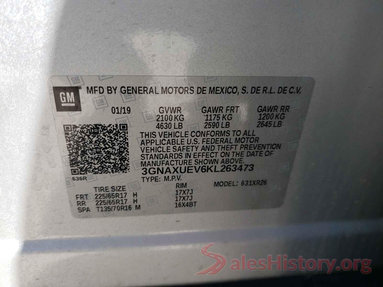 3GNAXUEV6KL263473 2019 CHEVROLET EQUINOX