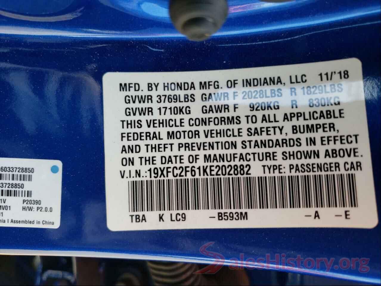 19XFC2F61KE202882 2019 HONDA CIVIC