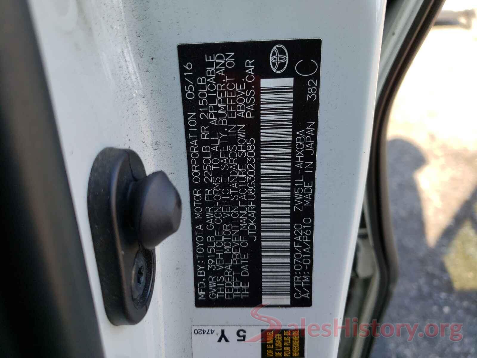 JTDKARFU8G3023085 2016 TOYOTA PRIUS