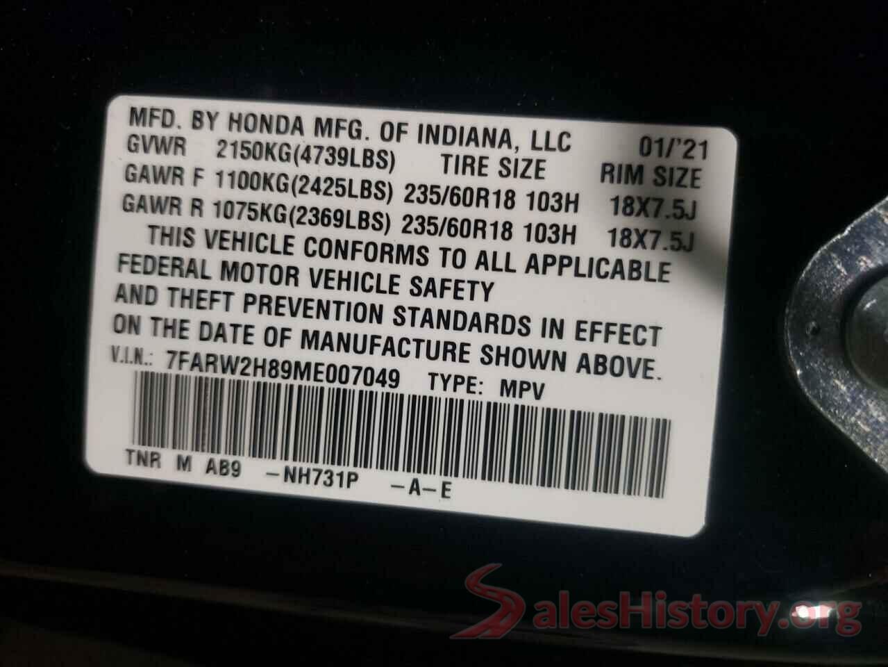 7FARW2H89ME007049 2021 HONDA CRV