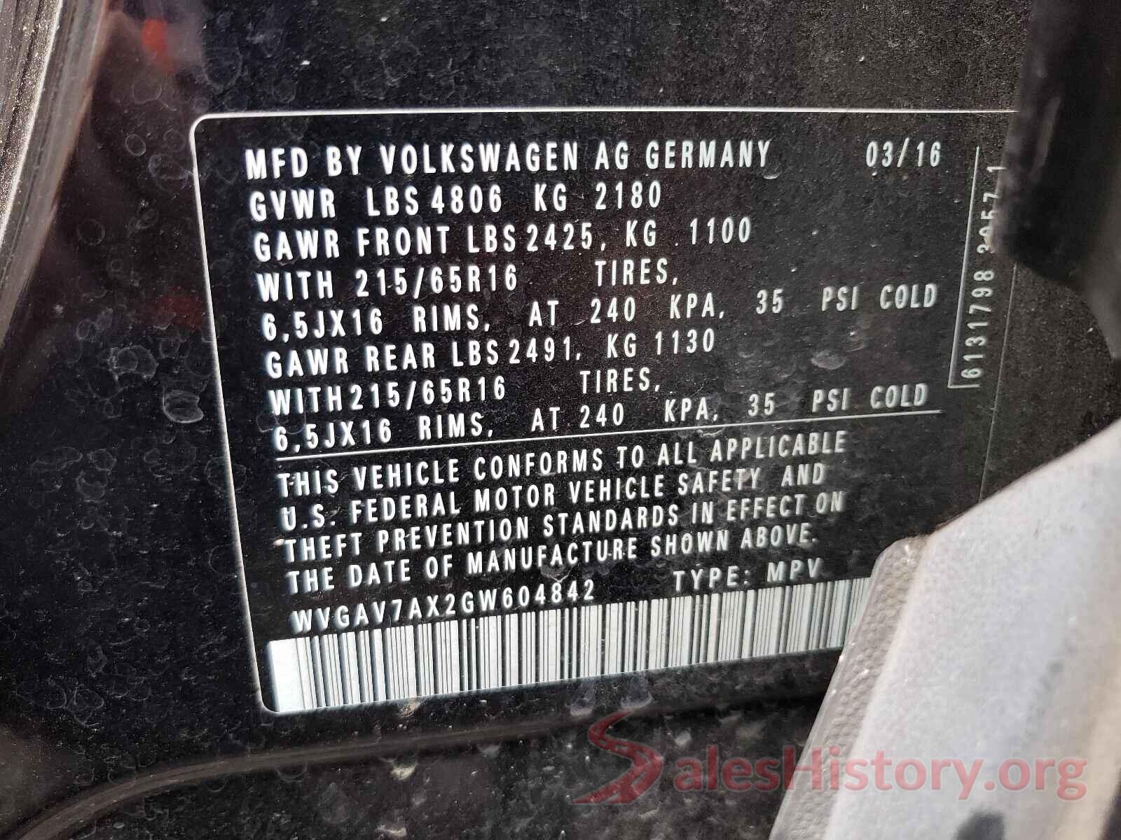 WVGAV7AX2GW604842 2016 VOLKSWAGEN TIGUAN