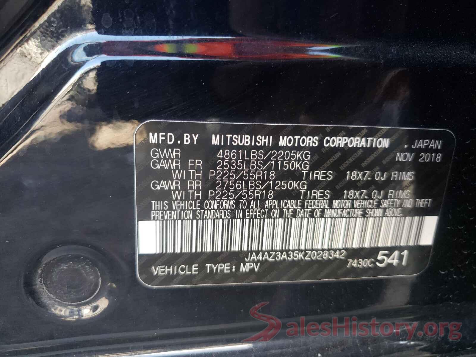 JA4AZ3A35KZ028342 2019 MITSUBISHI OUTLANDER