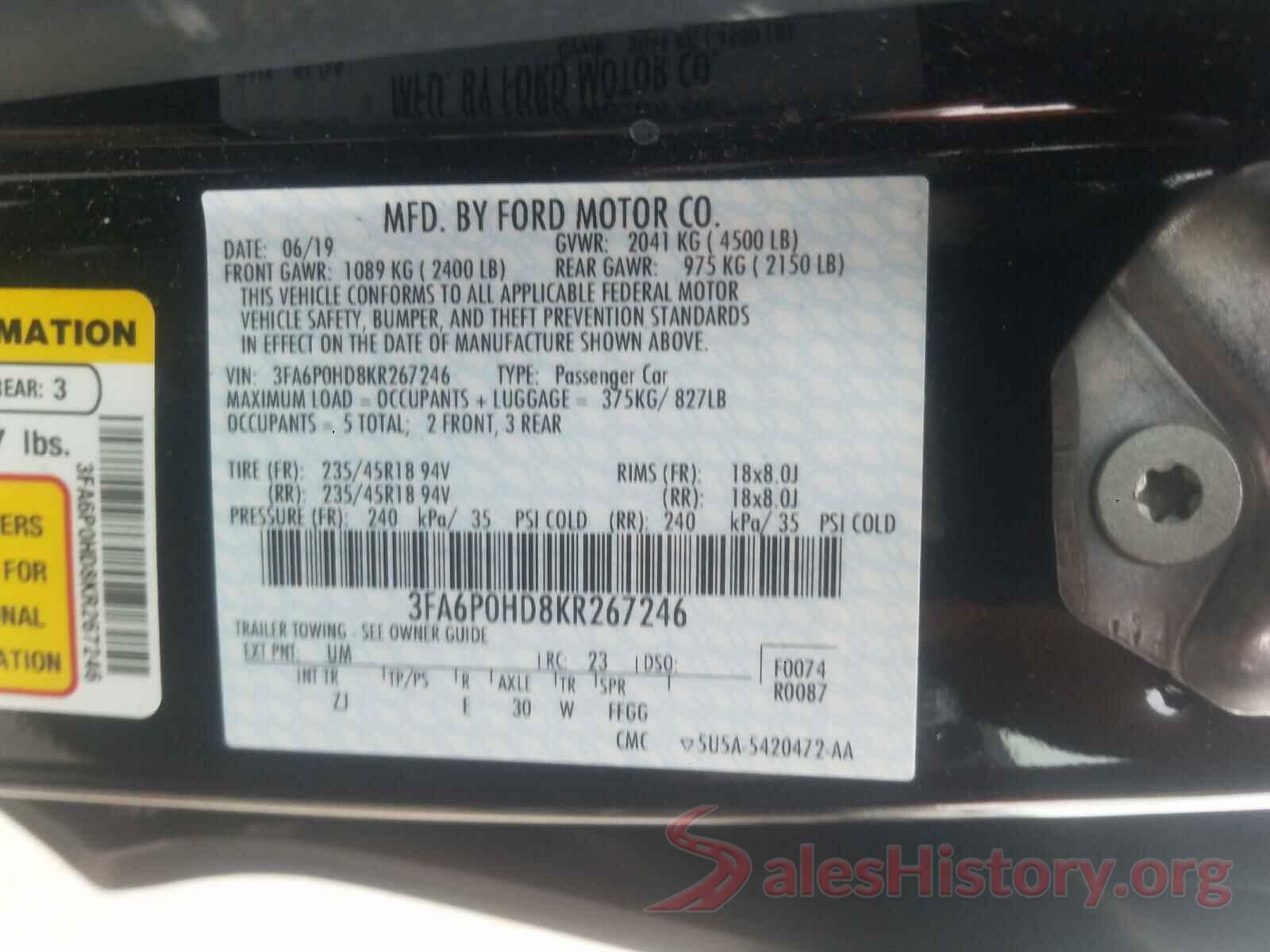 3FA6P0HD8KR267246 2019 FORD FUSION