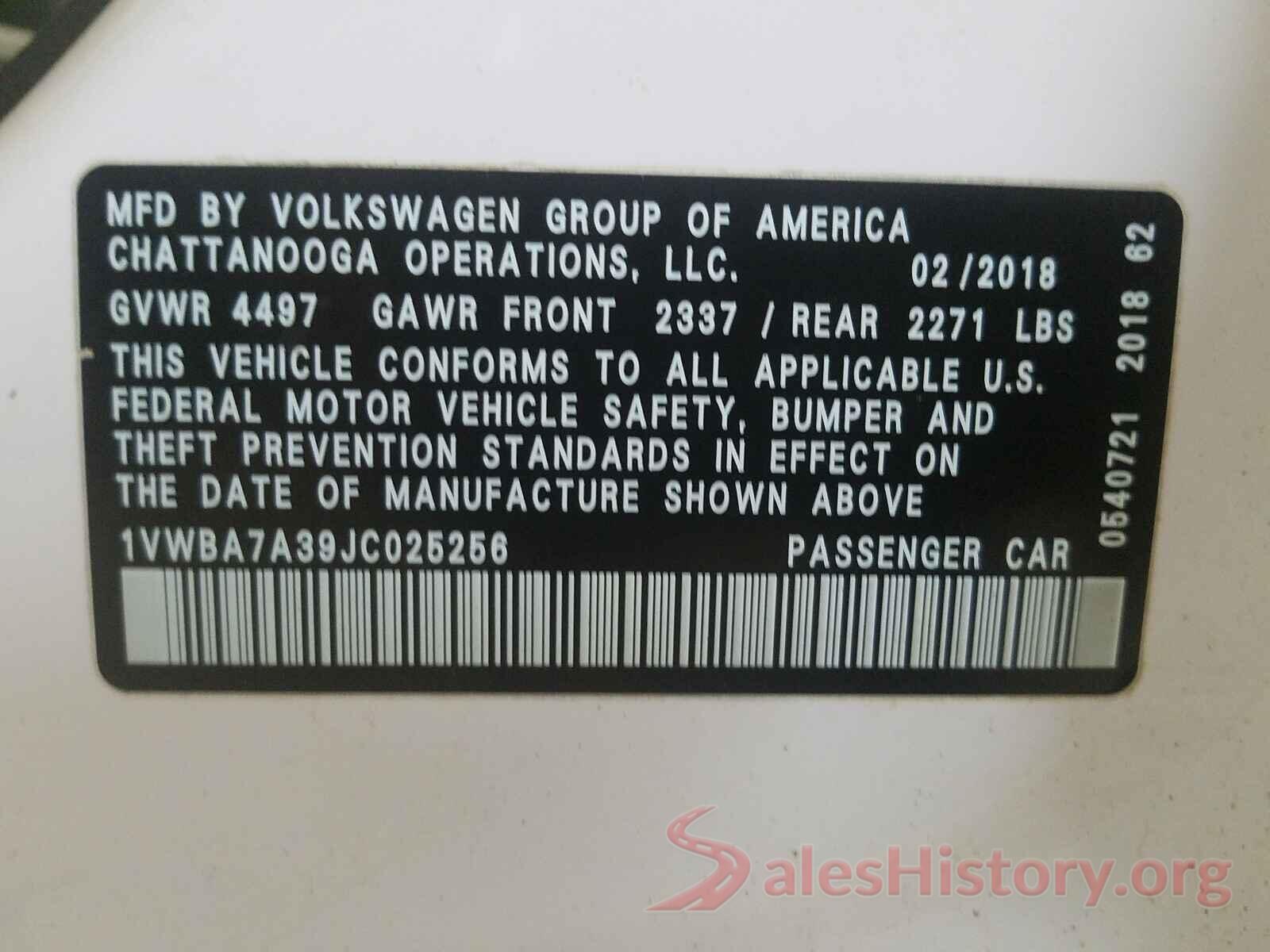 1VWBA7A39JC025256 2018 VOLKSWAGEN PASSAT