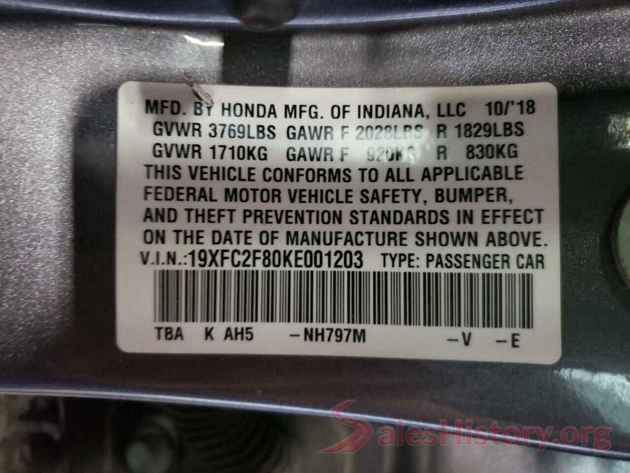 19XFC2F80KE001203 2019 HONDA CIVIC