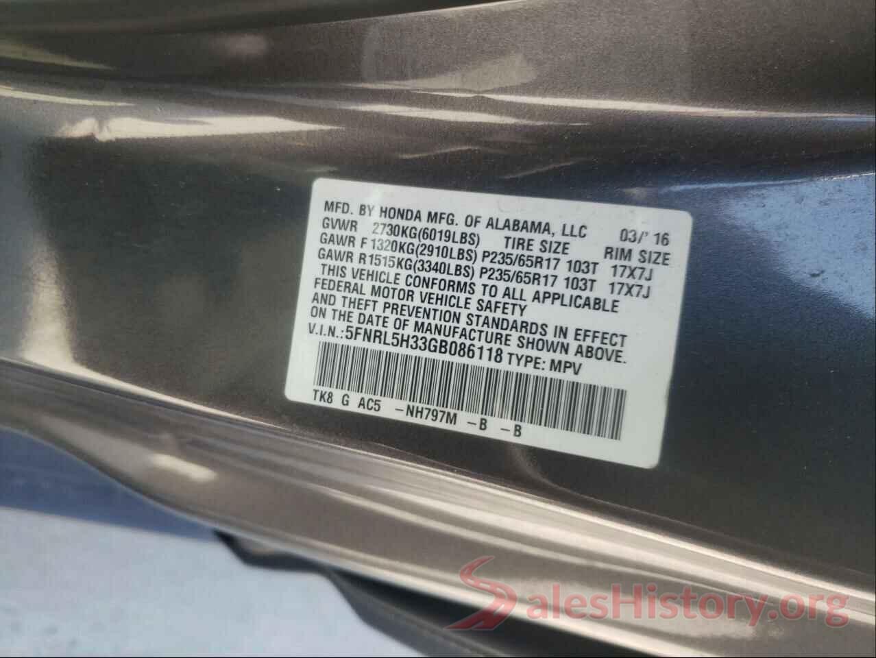 5FNRL5H33GB086118 2016 HONDA ODYSSEY